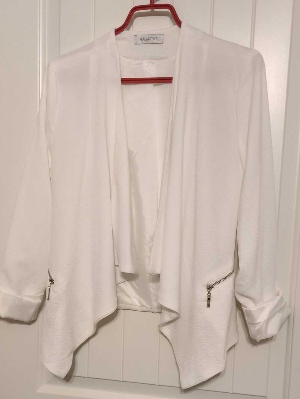 Fashion Magazine White Draped Open-Front Jacket